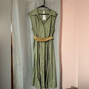 H&M Sleeveless Collared Midi Dress in Sage Green with Woven Tan Belt